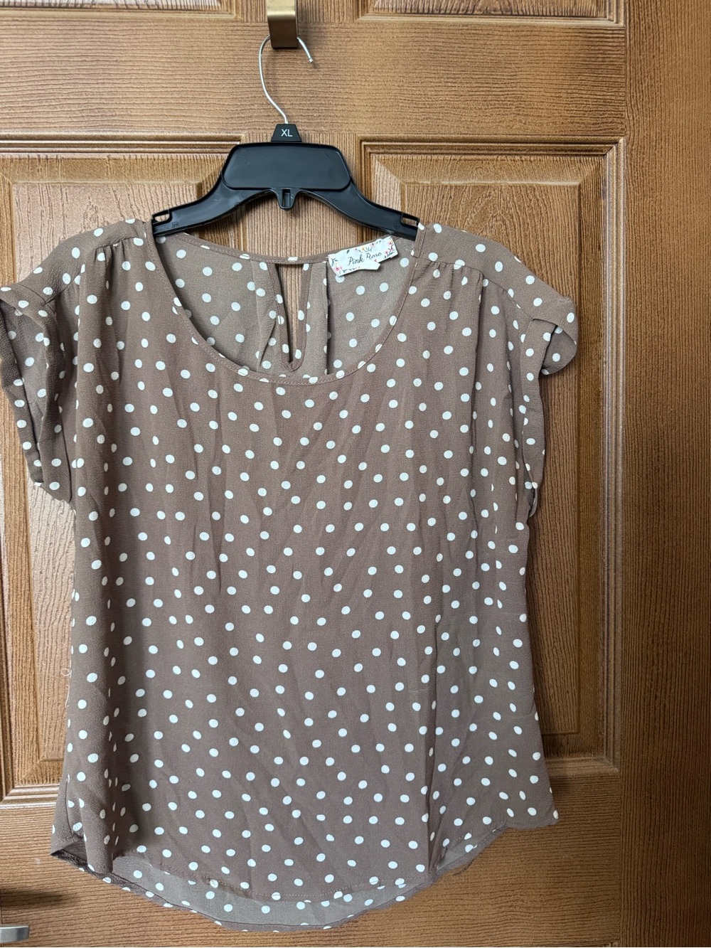 Pink Rose Women’s Taupe Polka Dot Short Sleeve Blouse